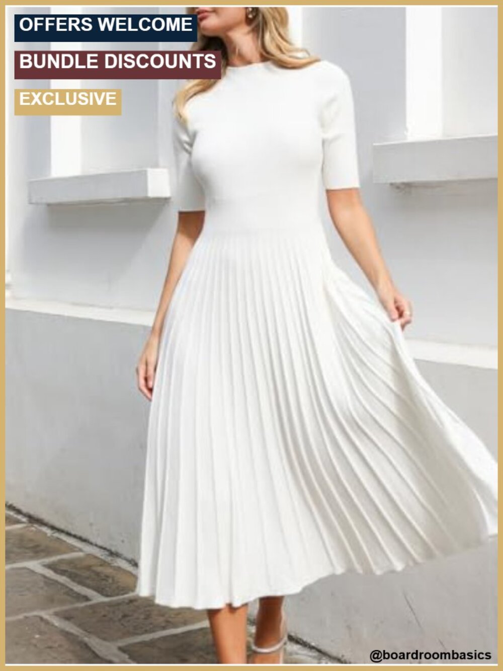 Ribbed Knit Pleated A-Line Midi Sweater Dress Short Sleeve Round Neck - Picture 5 of 5